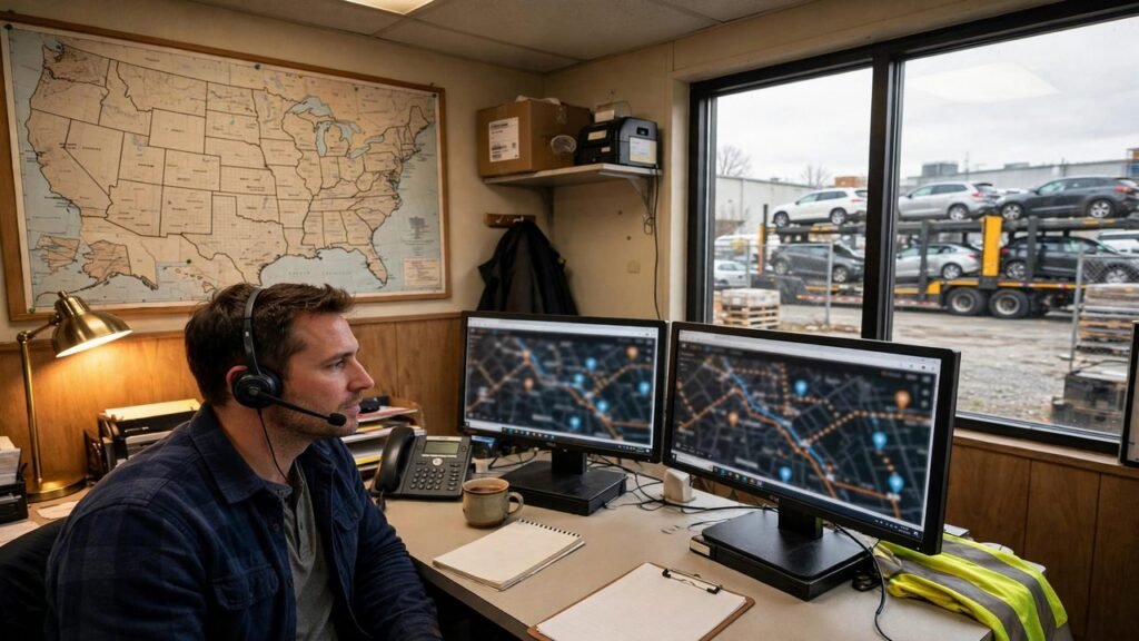 Auto transport dispatcher office with US route map
