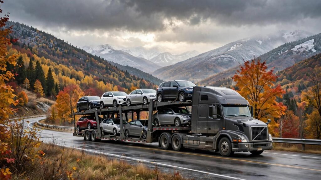 Car carrier trailer on a highway through autumn landscape