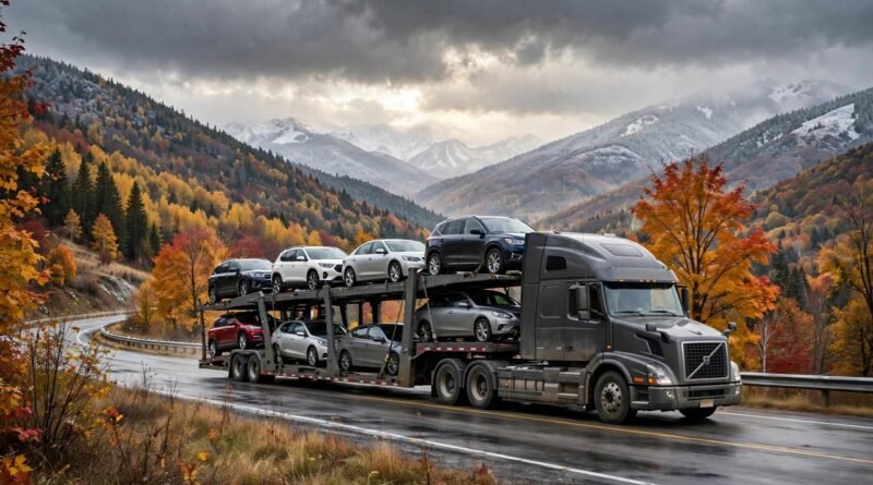 Car carrier trailer on a highway through autumn landscape