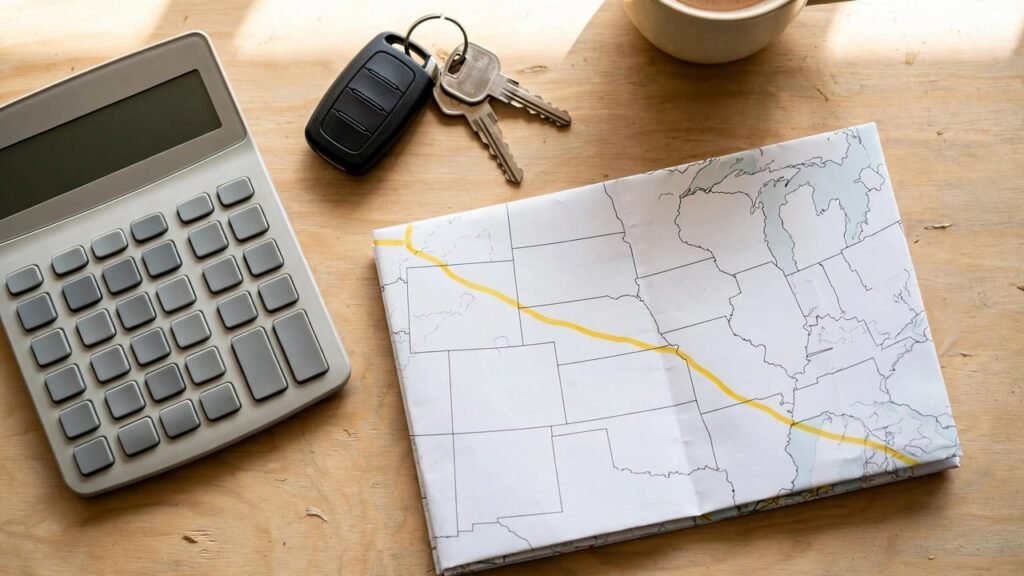 Calculator, car keys and US road map for car shipping cost estimate