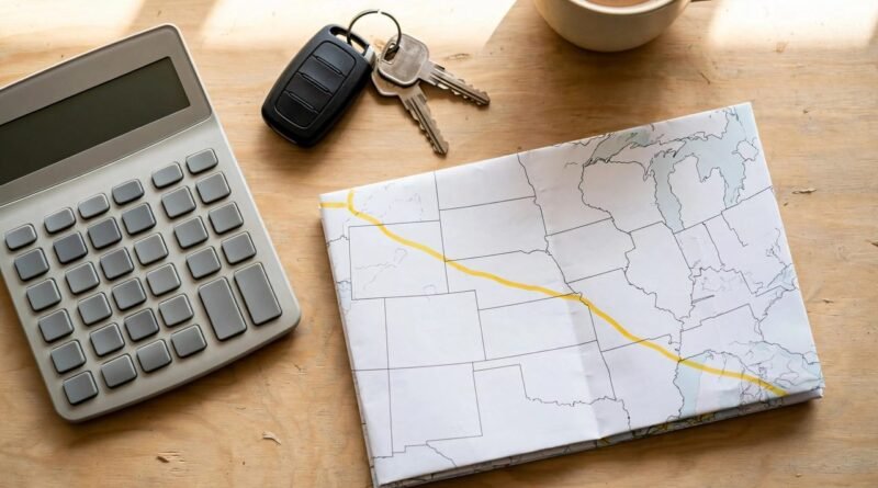 Calculator, car keys and US road map for car shipping cost estimate