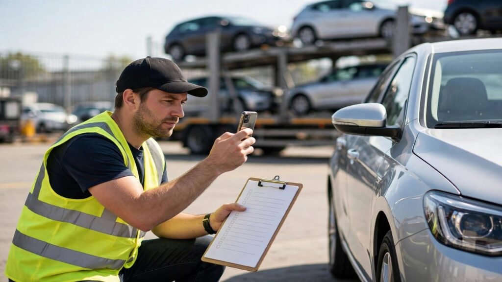 Driver photographing car during pre-shipping inspection