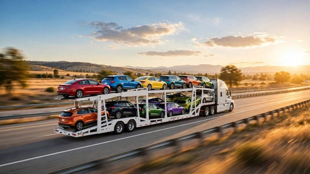 Car carrier trailer loaded with cars on an American highway at sunset