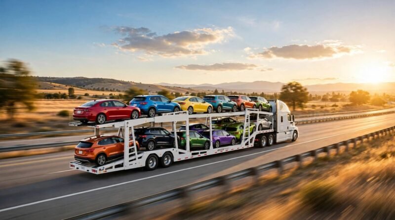 Car carrier trailer loaded with cars on an American highway at sunset