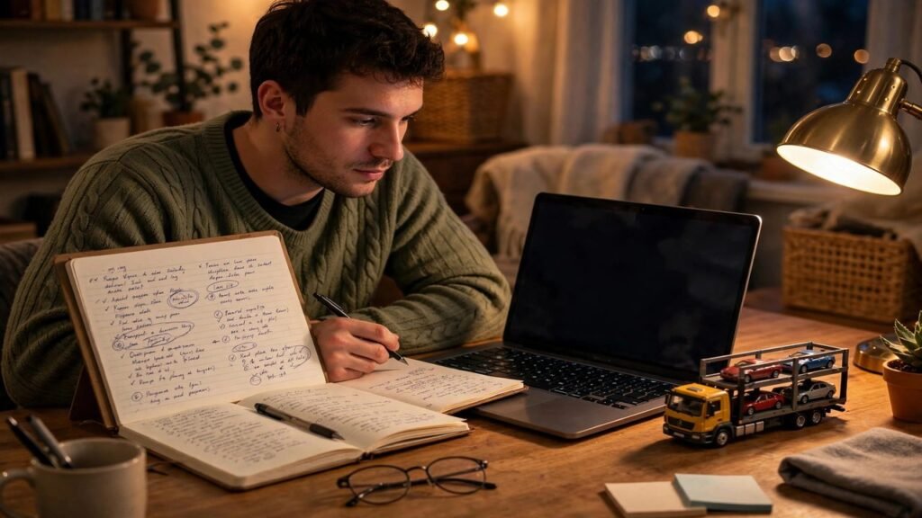 Person comparing car shipping quotes on a laptop
