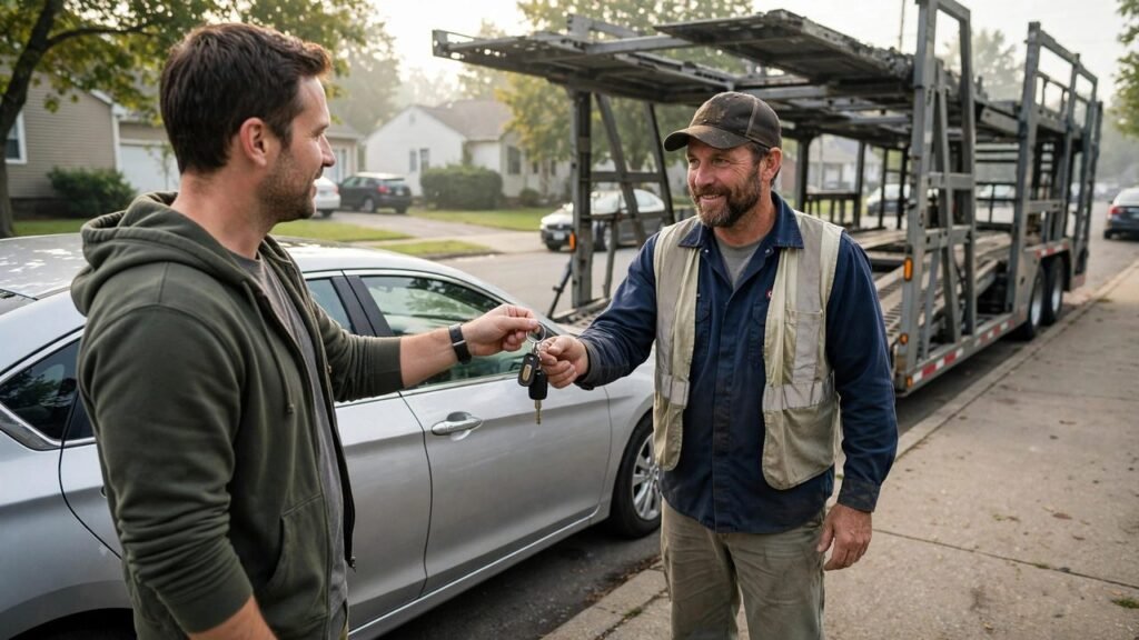 Car owner handing keys to a truck driver at pickup