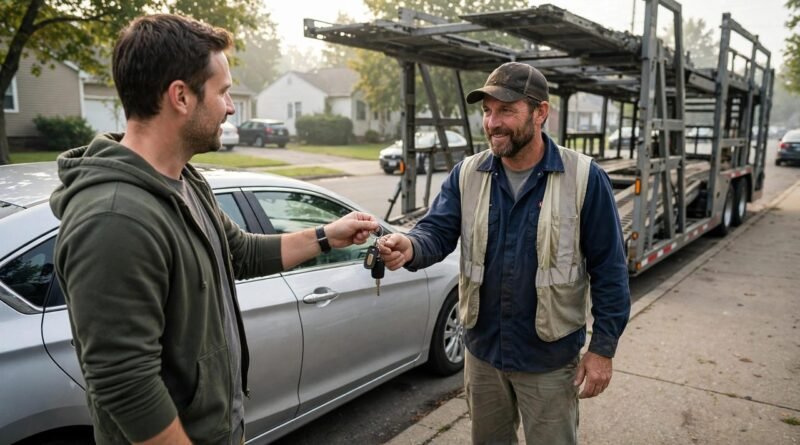 Car owner handing keys to a truck driver at pickup