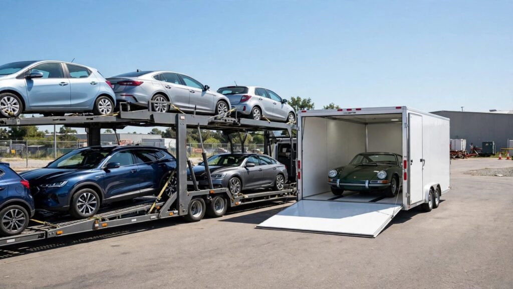 Open car carrier and enclosed auto transport trailer side by side